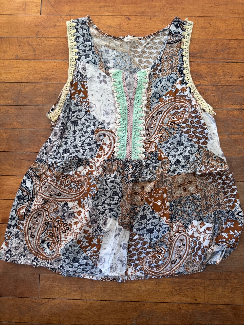 Mystree Brown Black White Paisley Camisole with Mint Trim